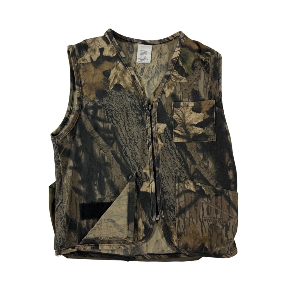 VTG Mossy Oak Camo Hunting Vest Boys Large Green Brown Zip Utility Gorpcore USA